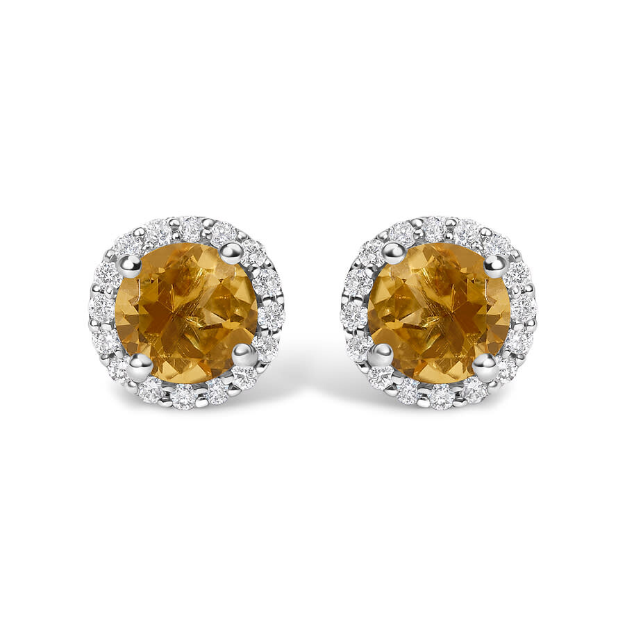 Haus Of Brilliance 10k White Gold Orange Citrine And 1/6 Cttw Diamond Halo Stud Earring In Metallic