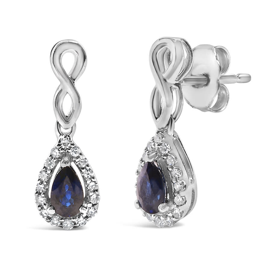 Haus Of Brilliance 10k White Gold Pear Cut Blue Sapphire And 1/7 Cttw Diamond Infinity Drop And Dang In White