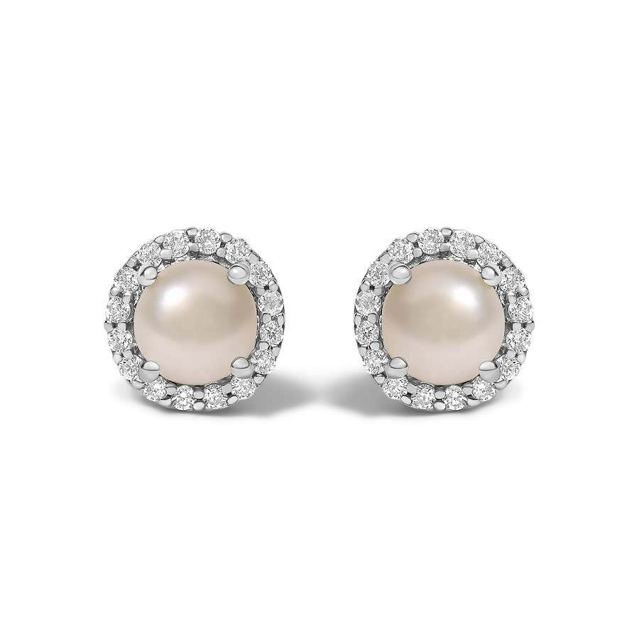 Haus Of Brilliance 10k White Gold Pearl And 1/6 Cttw Diamond Halo Stud Earring In Metallic