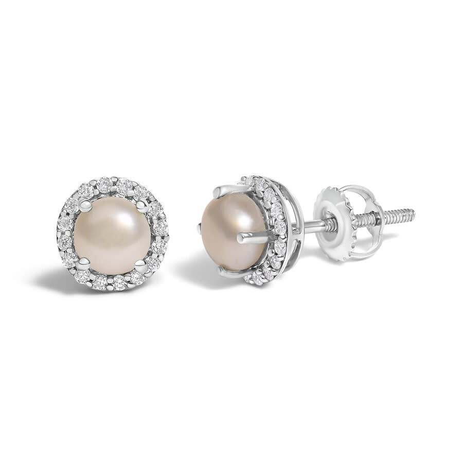 Haus Of Brilliance 10k White Gold Pearl And 1/6 Cttw Diamond Halo Stud Earring In Metallic