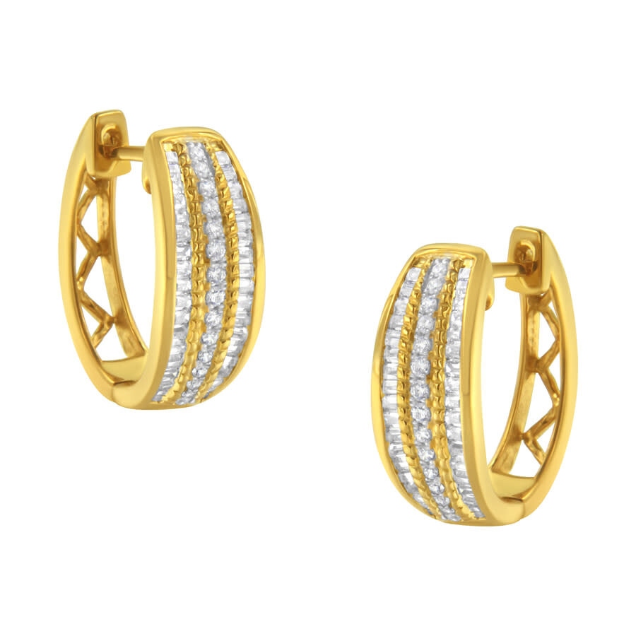 Haus Of Brilliance 10k Yellow Gold 3/4 Cttw Pave And Channel Set Diamond Triple Row Modern Hoop Earr In Yellow