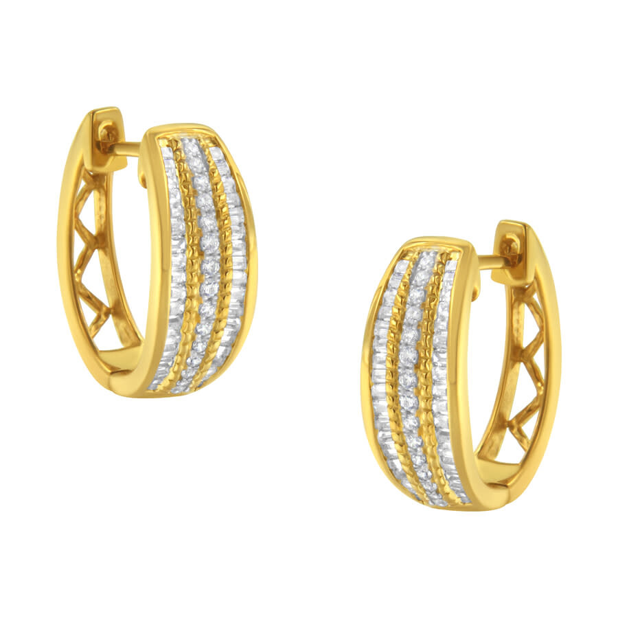 Haus Of Brilliance 10k Yellow Gold 3/4 Cttw Pave And Channel Set Diamond Triple Row Modern Hoop Earr