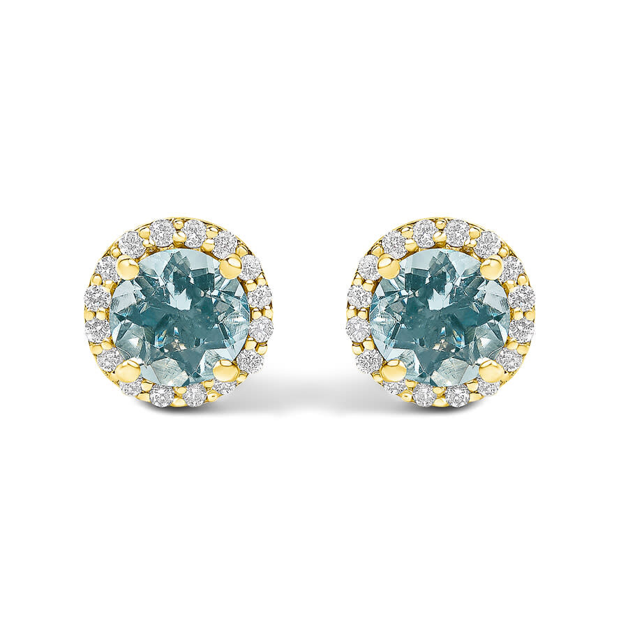 Haus Of Brilliance 10k Yellow Gold Blue Aquamarine And 1/6 Cttw Diamond Halo Stud Earring In Yellow