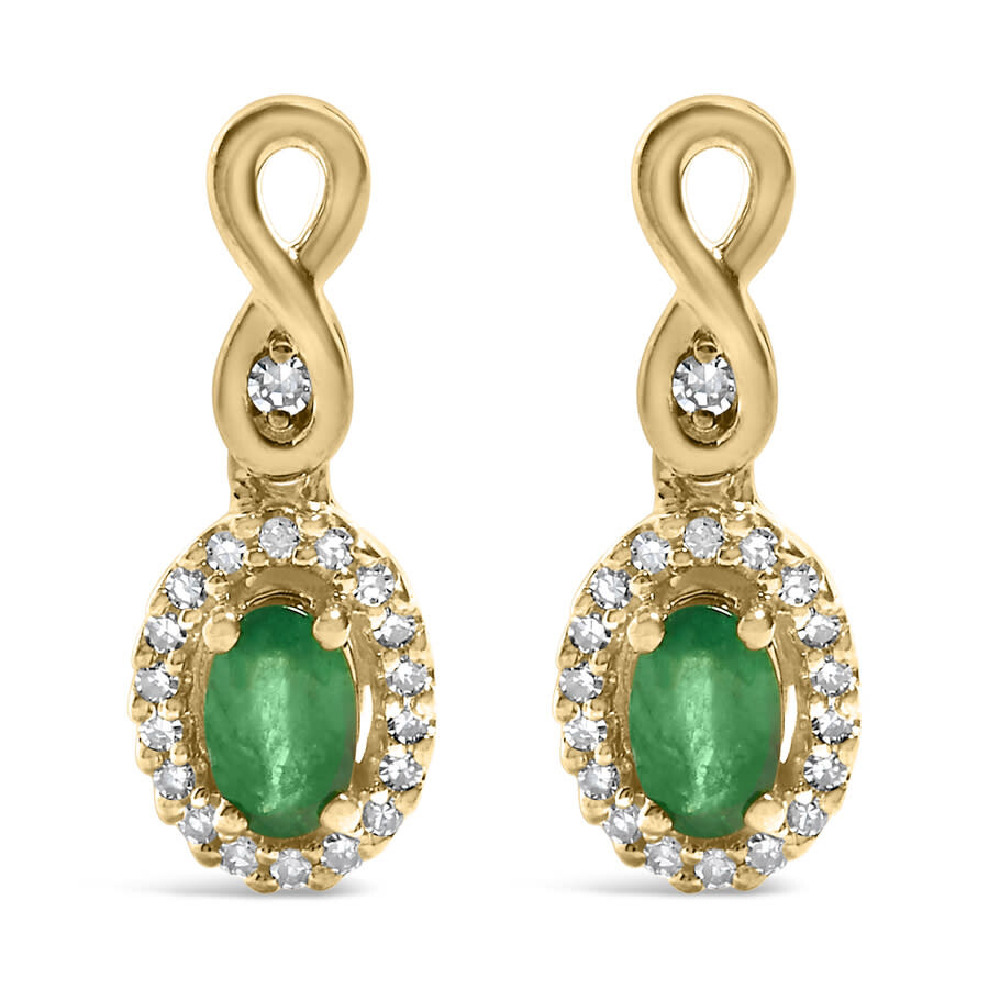 Haus Of Brilliance 10k Yellow Gold Oval Cut Green Emerald 5x3 Mm And 1/7 Cttw Round Diamond Dangle E In Yellow