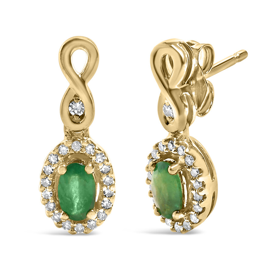 Haus Of Brilliance 10k Yellow Gold Oval Cut Green Emerald 5x3 Mm And 1/7 Cttw Round Diamond Dangle E In Yellow