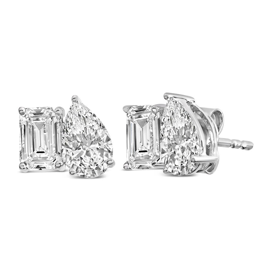Haus Of Brilliance 14k White Gold 2.0 Cttw Emerald And Pear Toi Et Moi Lab Grown Diamond Stud Earrin In Metallic