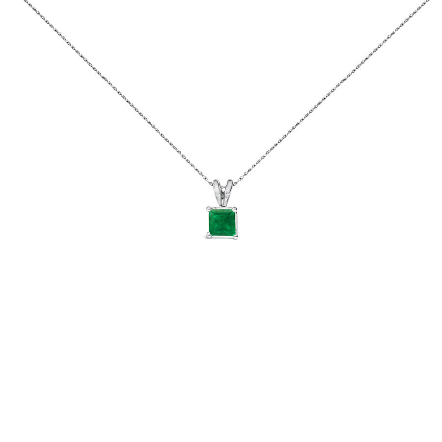 Haus Of Brilliance 14k White Gold 5x5 Mm Square Shaped Green Emerald Solitaire Pendant Necklace In Silver