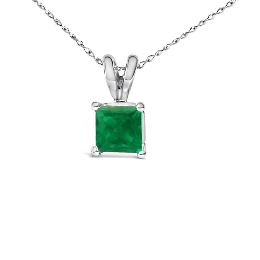 Haus Of Brilliance 14k White Gold 5x5 Mm Square Shaped Green Emerald Solitaire Pendant Necklace In Silver