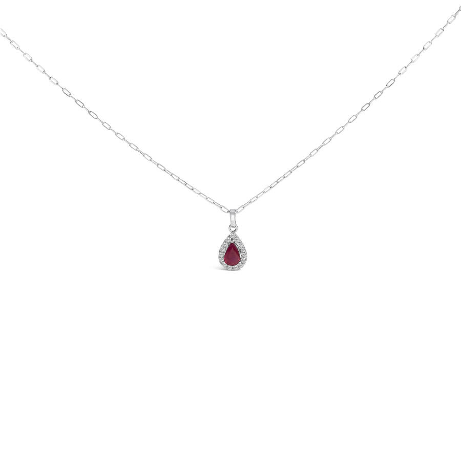 Haus Of Brilliance 14k White Gold 6x4 Pear Red Ruby And Diamond Halo Pendant Necklace - 18" Inches