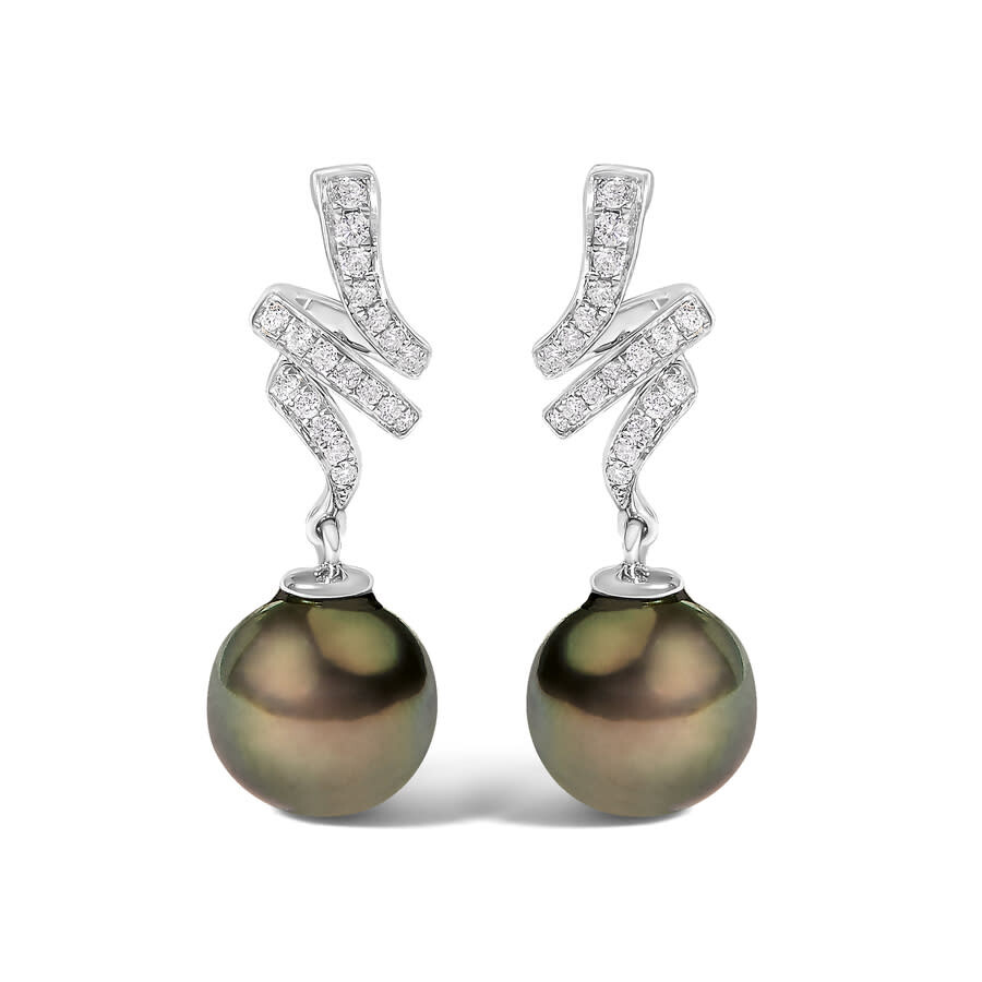 Haus Of Brilliance 14k White Gold 9mm Cultured Black Pearl And Diamond Accent Drop And Dangle Earrings In Silver