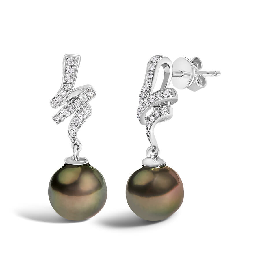 Haus Of Brilliance 14k White Gold 9mm Cultured Black Pearl And Diamond Accent Drop And Dangle Earrings In Silver