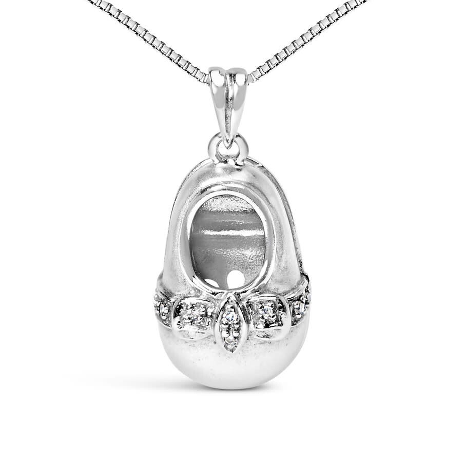 Haus Of Brilliance 14k White Gold Diamond Accent Baby Shoe With Bow Pendant 18" Necklace In Metallic