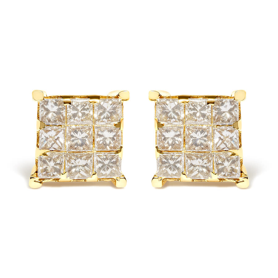 Haus Of Brilliance 14k Yellow Gold 1 1/2 Cttw Invisible Set Princess-cut Diamond 9 Stone Square Stud Earrings In Yellow