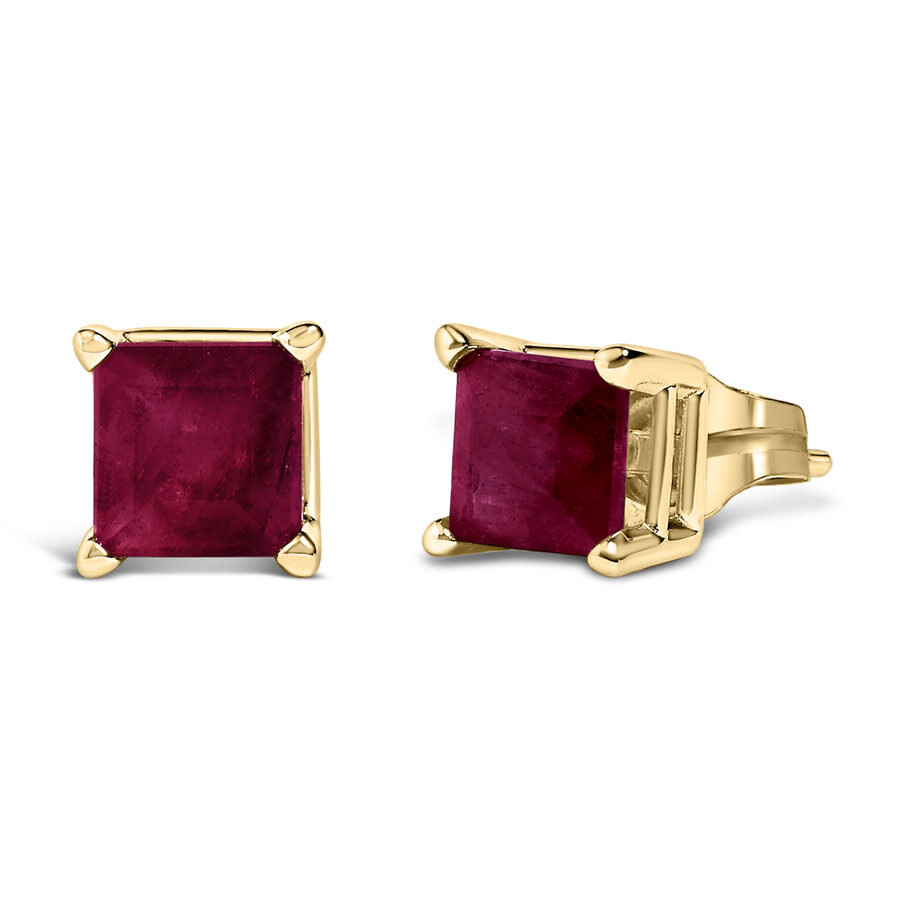 Haus Of Brilliance 14k Yellow Gold 5x5mm Princess Cut Red Ruby Solitaire Stud Earrings In Gold