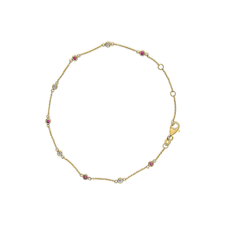 Haus Of Brilliance 14k Yellow Gold Alternating Red Ruby And White Diamond Bezel Station Chain Bracel