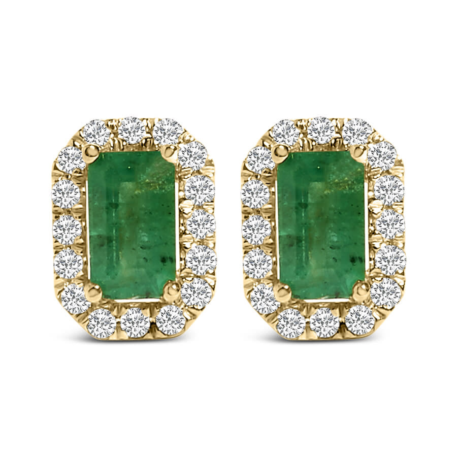 Haus Of Brilliance 14k Yellow Gold Green Emerald And 1/8 Cttw Diamond Halo Octagonal Shaped Stud Ear