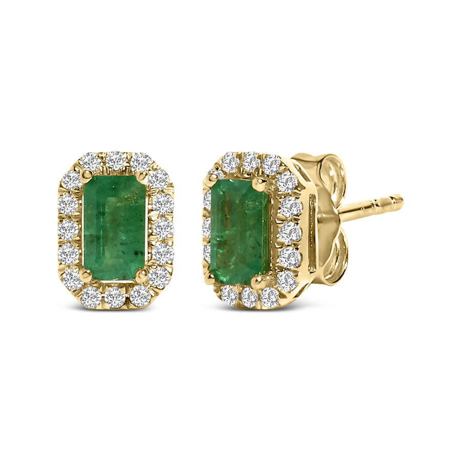 Haus Of Brilliance 14k Yellow Gold Green Emerald And 1/8 Cttw Diamond Halo Octagonal Shaped Stud Ear