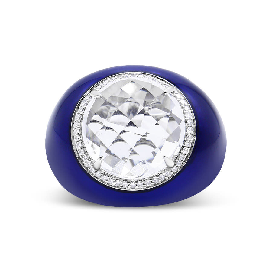 Haus Of Brilliance 18k White Gold 14mm White Quartz And 1/5 Cttw Diamond Halo With Blue Enamel Dome In White