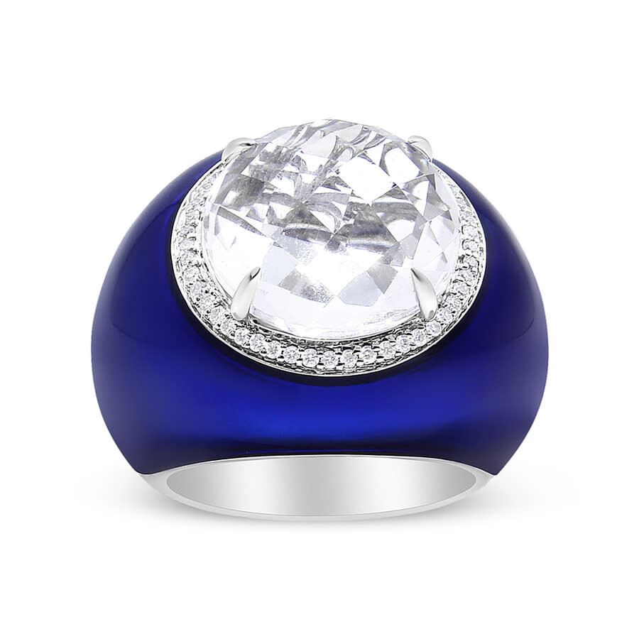 Haus Of Brilliance 18k White Gold 14mm White Quartz And 1/5 Cttw Diamond Halo With Blue Enamel Dome In White