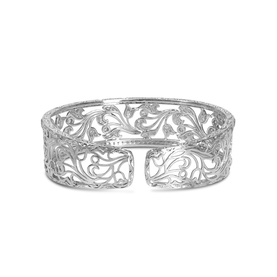 Haus Of Brilliance 18k White Gold 3 1/4 Cttw Pave Diamond Openwork Floral Filigree Swirl Bangle Cuff In White