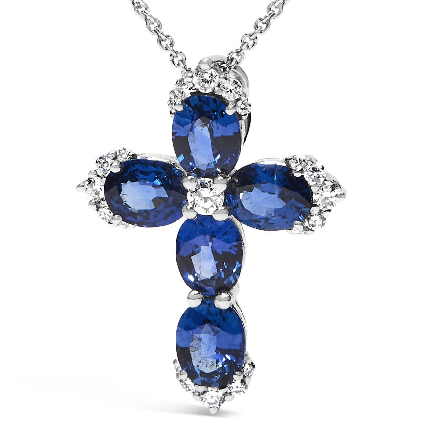 Haus Of Brilliance 18k White Gold 3x4 Mm Oval Blue Sapphire And Diamond Cross Pendant Necklace In Gray