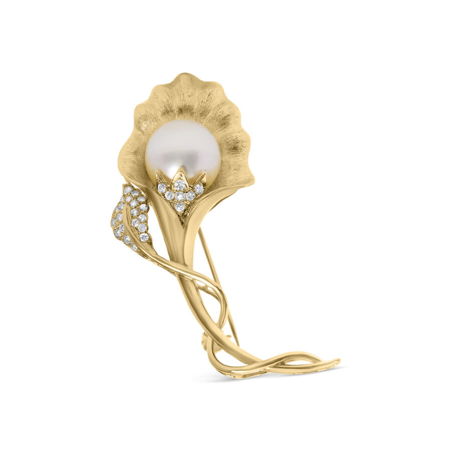 Haus Of Brilliance 18k Yellow Gold 2/5 Cttw Diamond And 12mm Cultured South Sea Pearl Flower Pin Bro In Yellow