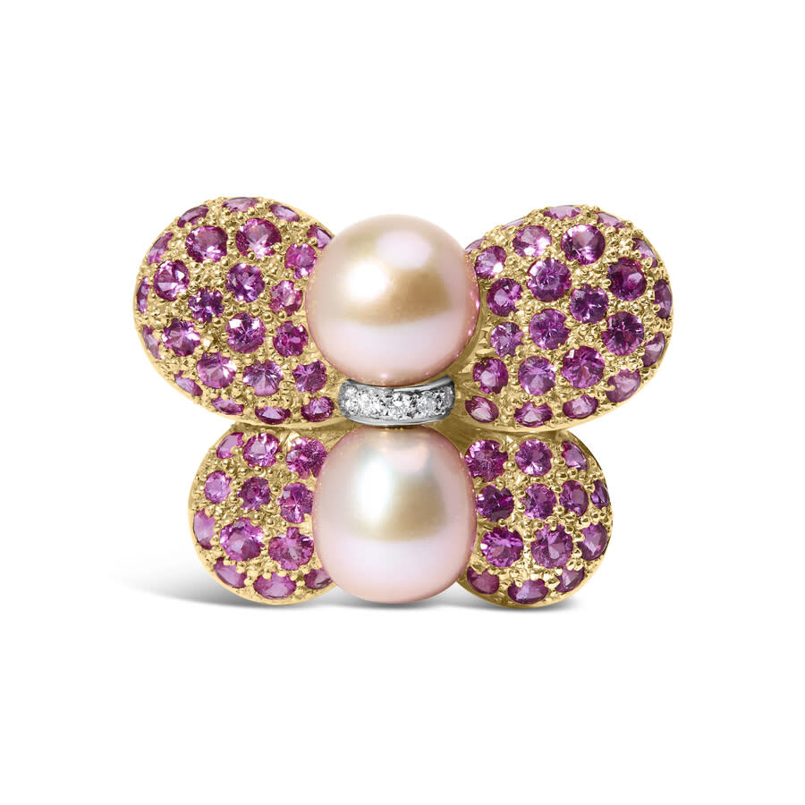 Haus Of Brilliance 18k Yellow & White Gold South Sea Pearl & Pink Sapphire Butterfly Pin Brooch With In White