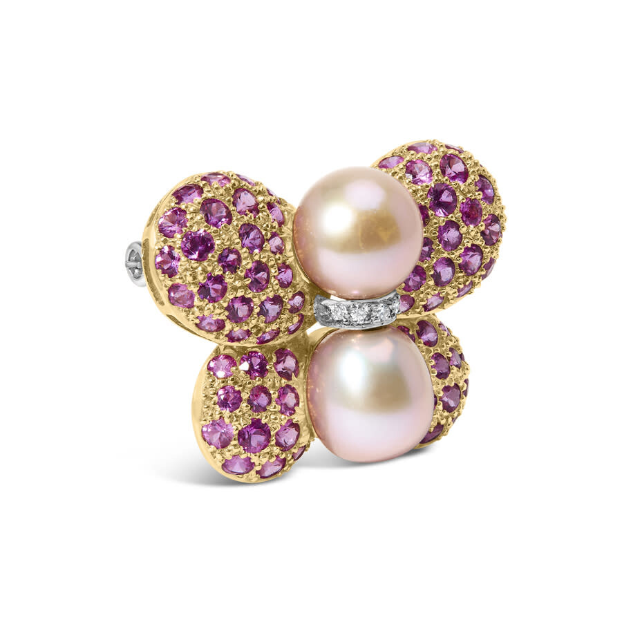 Haus Of Brilliance 18k Yellow & White Gold South Sea Pearl & Pink Sapphire Butterfly Pin Brooch With In White