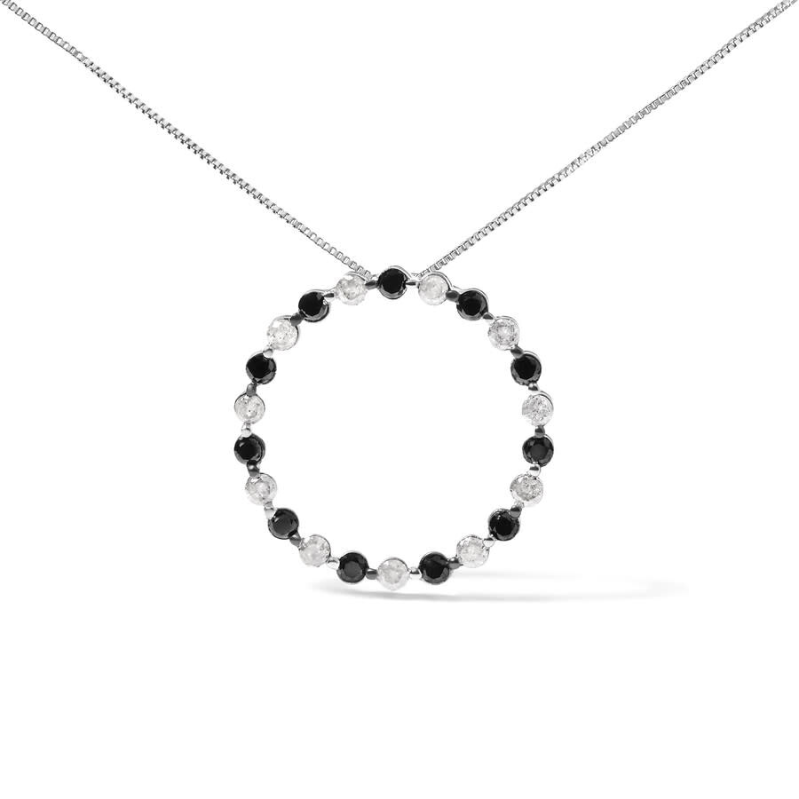 Haus Of Brilliance .925 Sterling Silver 1 3/4 Cttw Alternating Black And White Diamond Open Circle Hoop Pendant Necklac In White
