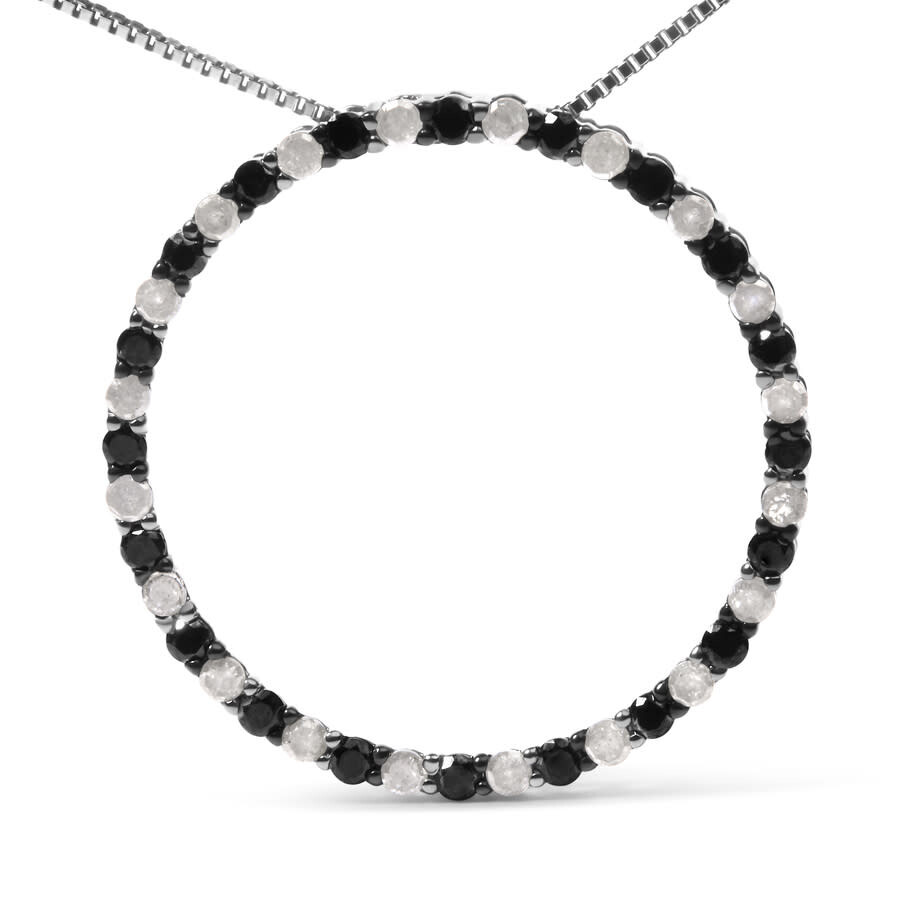 Haus Of Brilliance .925 Sterling Silver 1.0 Cttw Black & White Diamond Open Hoop Circle Pendant Neck