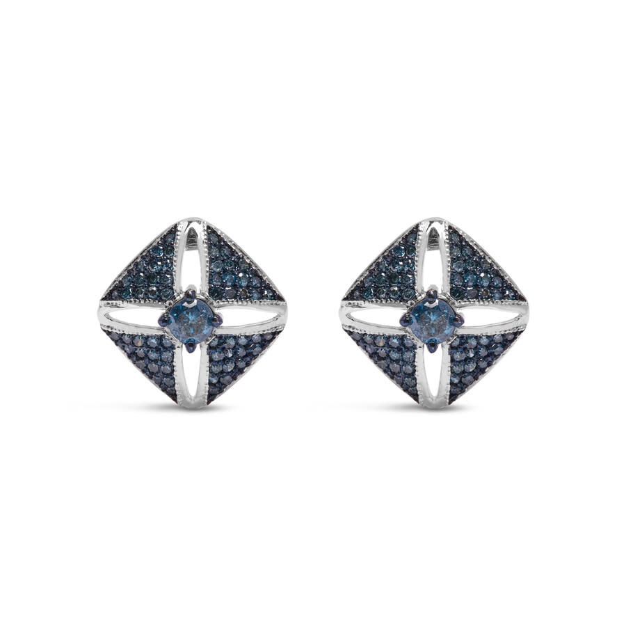 Haus Of Brilliance .925 Sterling Silver 1.0 Cttw Blue Diamond Studded Rhombus Stud Earring In White