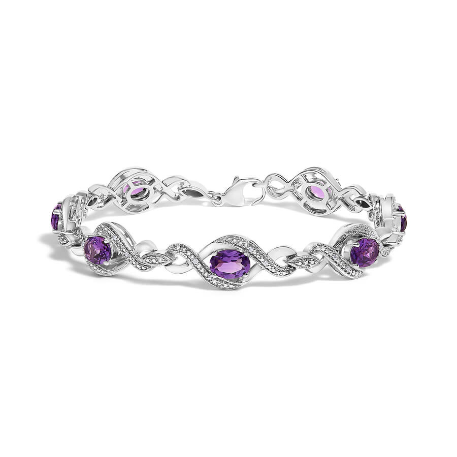 Haus Of Brilliance .925 Sterling Silver 1/10 Cttw Natural Round Diamond And 7x5mm Oval Amethyst Cross Tennis Bracelet In Metallic