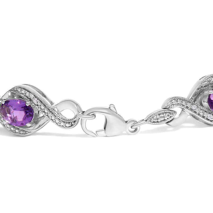 Haus Of Brilliance .925 Sterling Silver 1/10 Cttw Natural Round Diamond And 7x5mm Oval Amethyst Cross Tennis Bracelet In Metallic