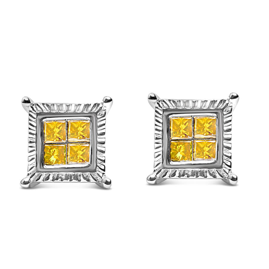 Haus Of Brilliance .925 Sterling Silver 1/2 Cttw Yellow Princess Diamond Quad Stud Earring In White