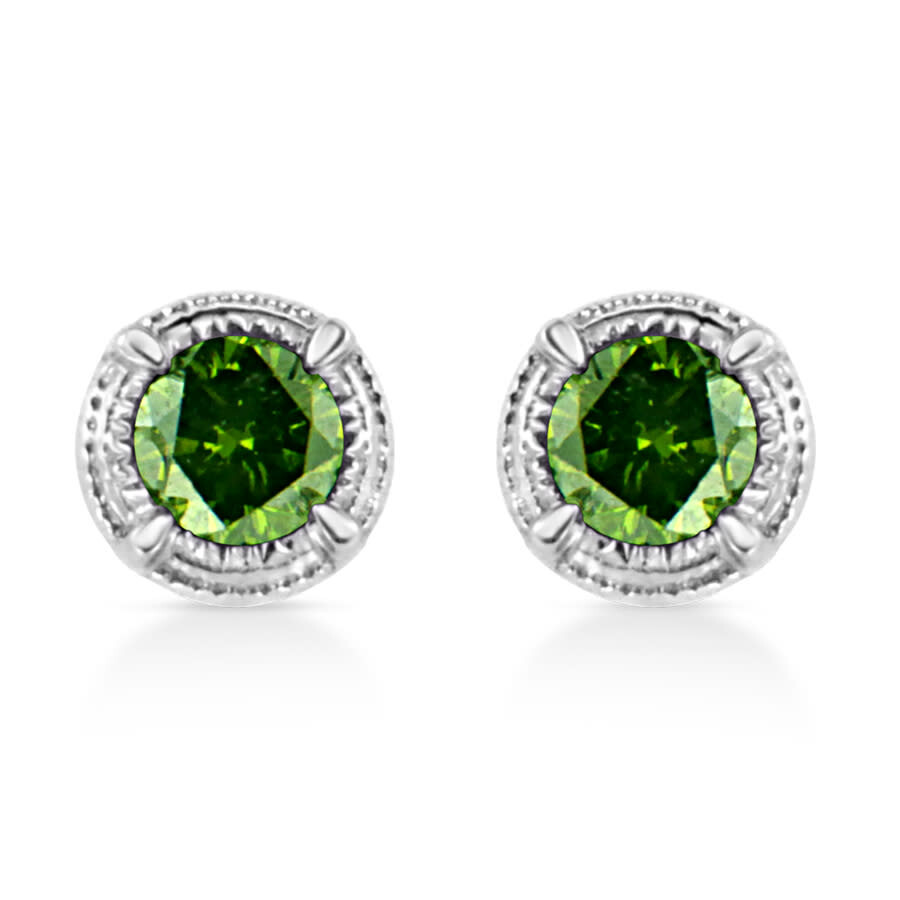 Haus Of Brilliance .925 Sterling Silver Treated Colored Diamond Modern 4-prong Solitaire Milgrain Stud Earrings In White