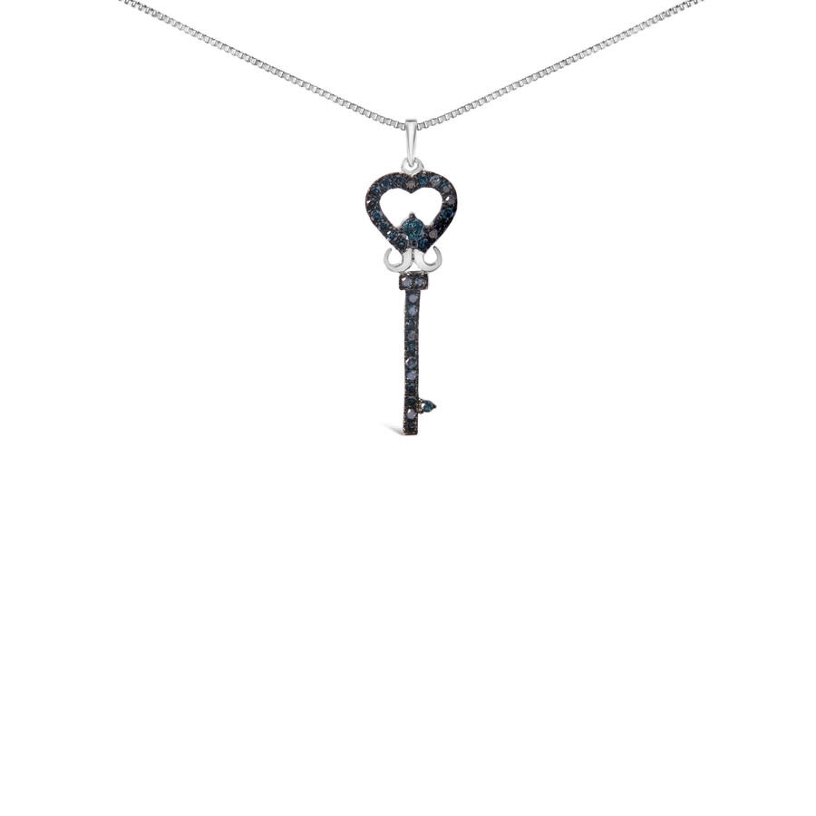 Haus Of Brilliance .925 Sterling Silver 1/3 Ctw Blue Diamond Studded Key 18" Pendant Necklace In White