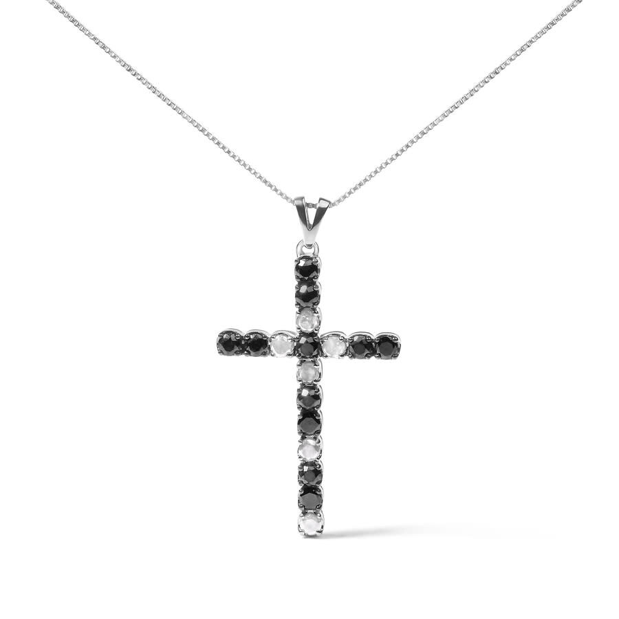 Haus Of Brilliance .925 Sterling Silver 2.0 Cttw Prong Set Round Natural Treated Black And White Diamond Cross Pendant  In White