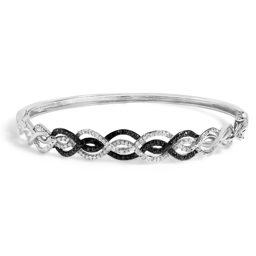 Haus Of Brilliance .925 Sterling Silver 3/8 Cttw White And Black Diamond Swirl Bangle Bracelet- 7.75 In White