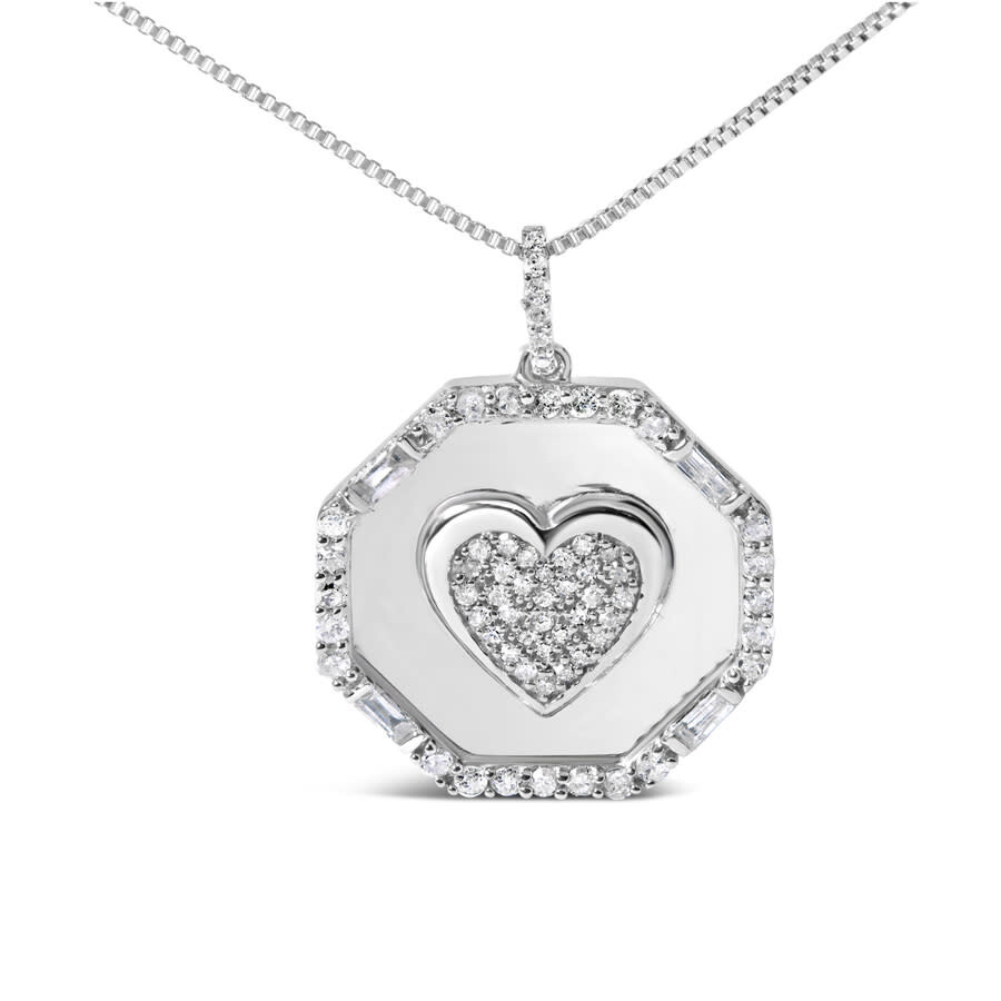 Haus Of Brilliance .925 Sterling Silver 5/8 Cttw Diamond Mirror Plate With Heart And Diamond Halo 18" Pendant Necklace In White