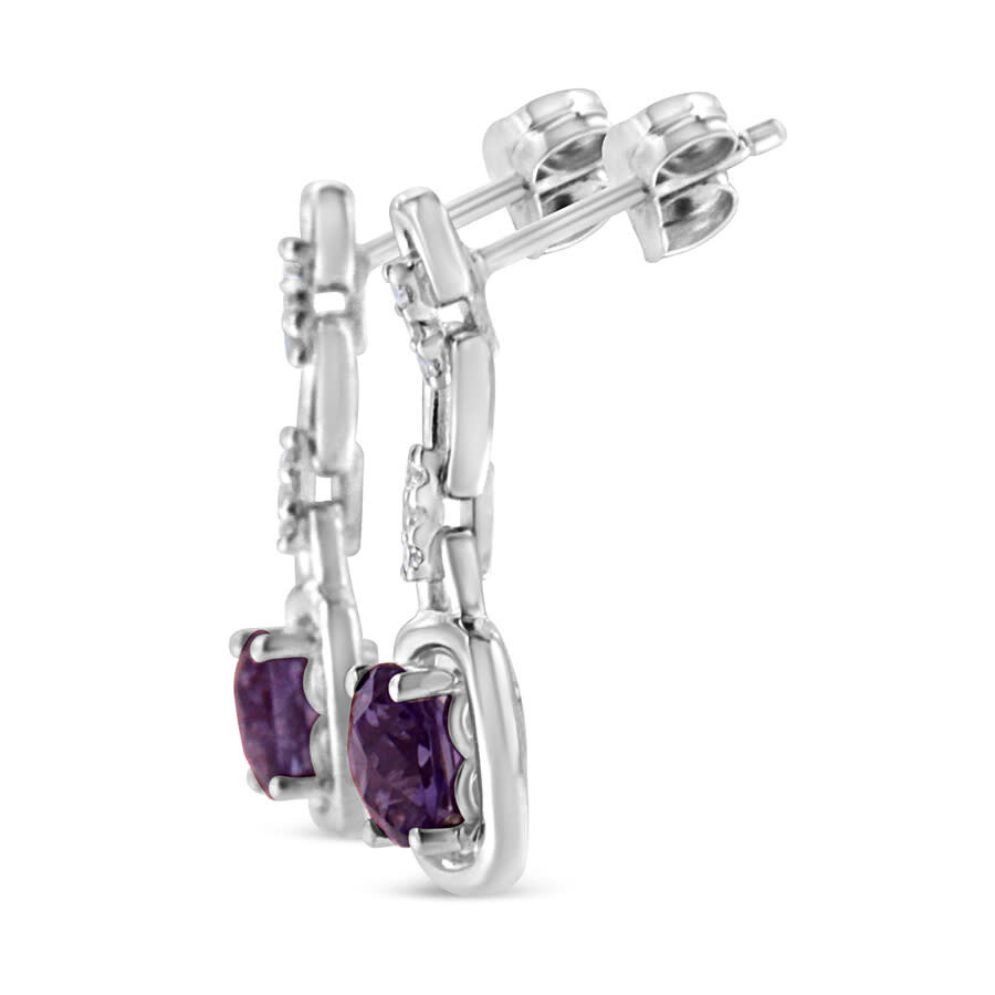 Haus Of Brilliance .925 Sterling Silver 6x6mm Cushion Shaped Natural Purple Amethyst And Diamond Accent Drop And Dangle In White