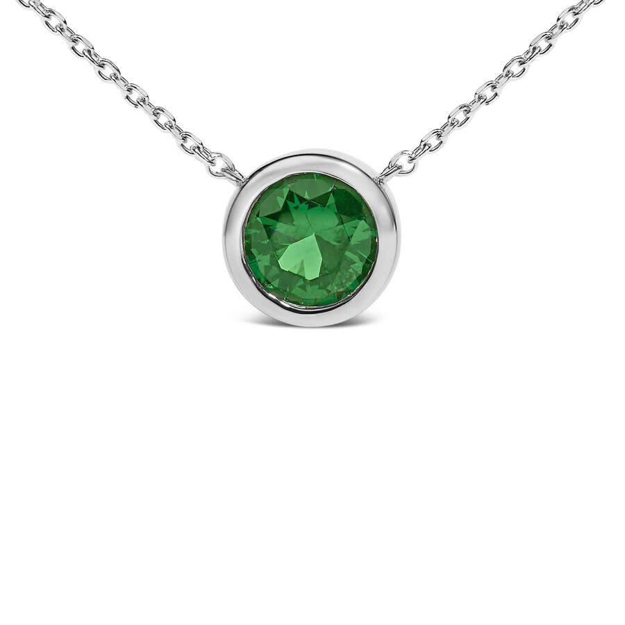 Haus Of Brilliance .925 Sterling Silver 7mm Bezel Set Created Green Emerald Pendant Necklace - 18" I In White
