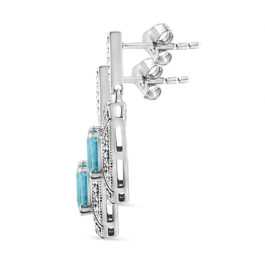 Haus Of Brilliance .925 Sterling Silver 7x5mm Emerald Shape Blue Topaz Accent Art Deco Halo Style Drop And Dangle Earri In White