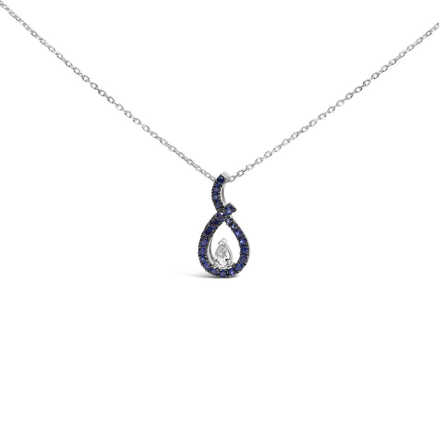 Haus Of Brilliance .925 Sterling Silver Created Blue And White Sapphire Teardrop Shaped Pendant Necklace In Metallic
