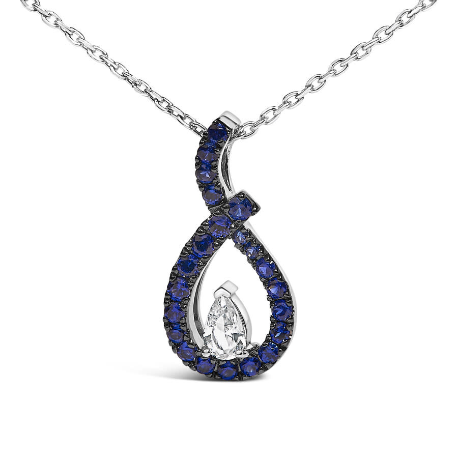 Haus Of Brilliance .925 Sterling Silver Created Blue And White Sapphire Teardrop Shaped Pendant Necklace In Metallic