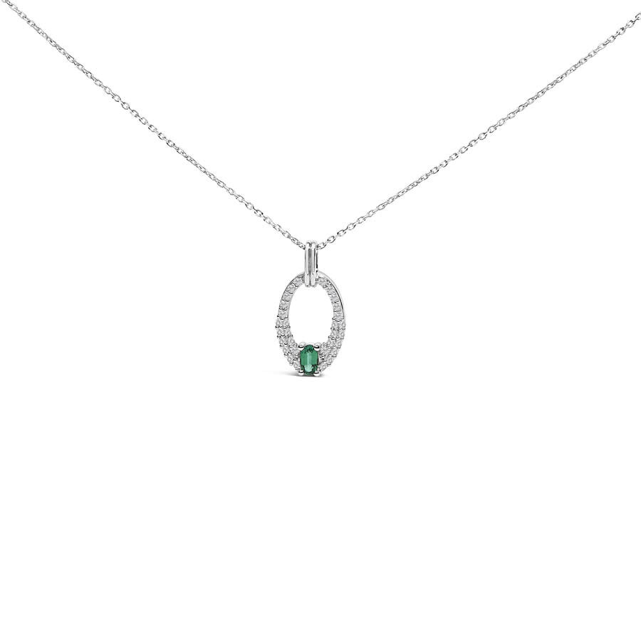 Haus Of Brilliance .925 Sterling Silver Created Green Emerald And White Sapphire Oval Shaped Pendant In Metallic