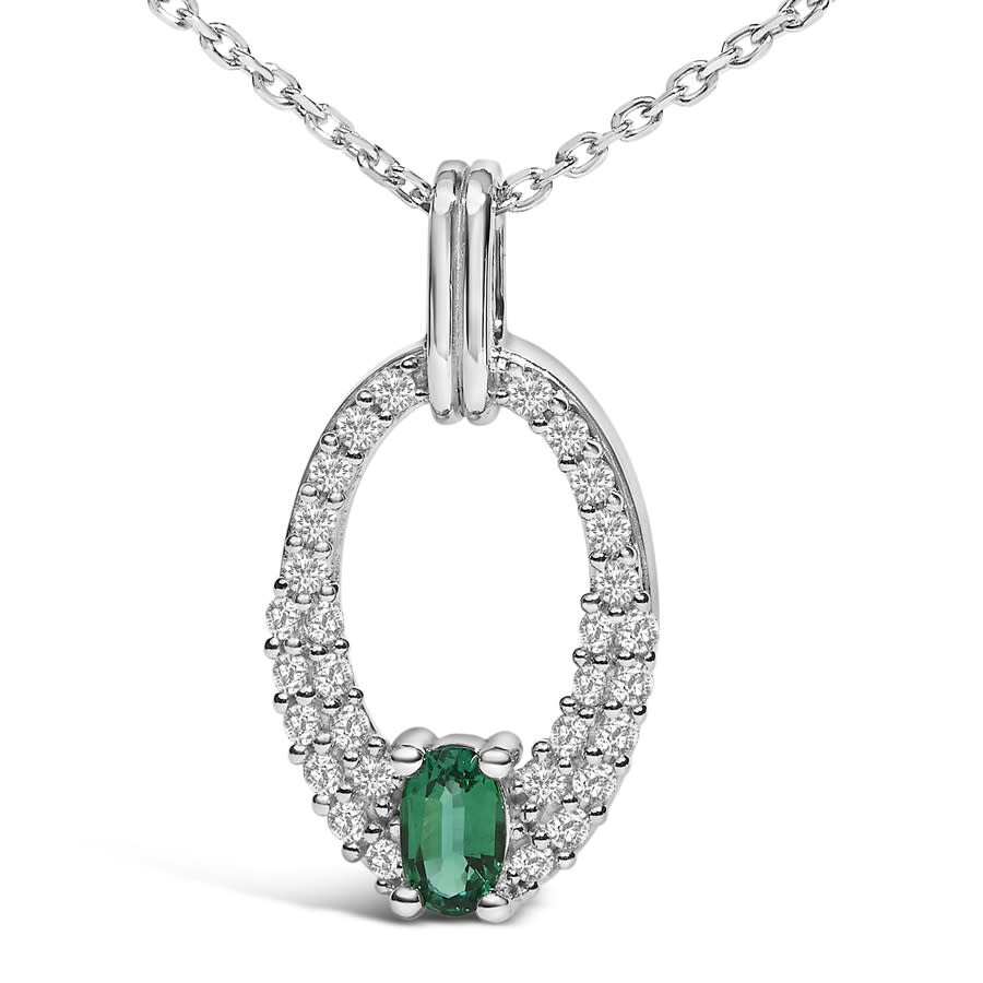 Haus Of Brilliance .925 Sterling Silver Created Green Emerald And White Sapphire Oval Shaped Pendant In Metallic