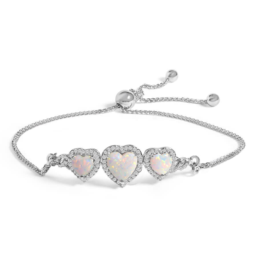 Haus Of Brilliance .925 Sterling Silver Created Opal Triple Heart And White Sapphire Bolo Bracelet In Metallic