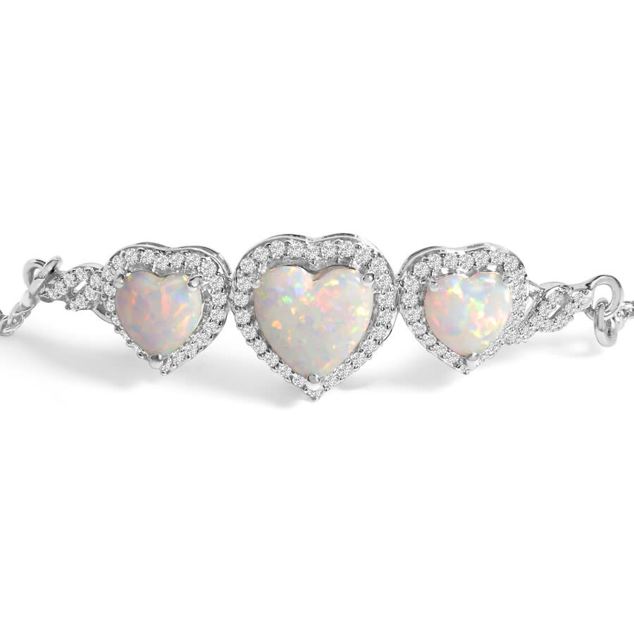Haus Of Brilliance .925 Sterling Silver Created Opal Triple Heart And White Sapphire Bolo Bracelet In Metallic