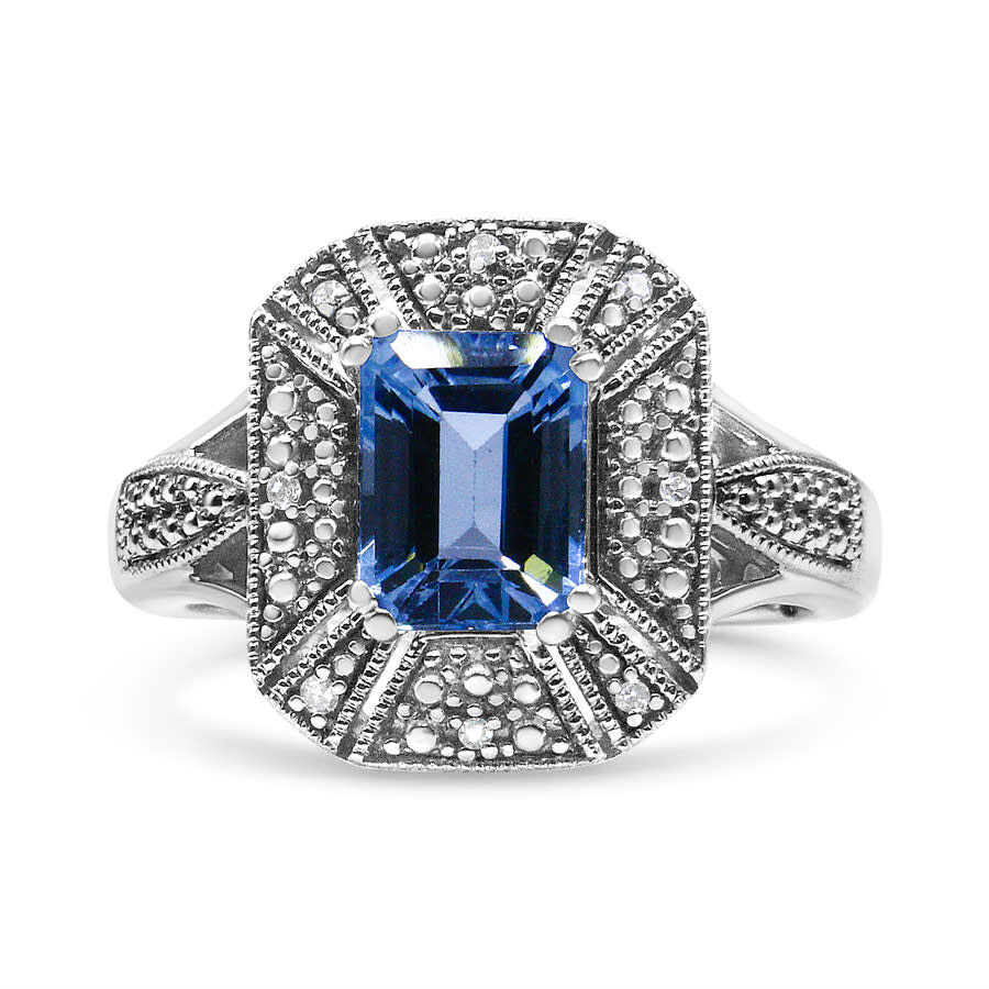 Haus Of Brilliance .925 Sterling Silver Diamond Accent And 8x6 Mm Emerald-shape Blue Topaz Ring- Rin