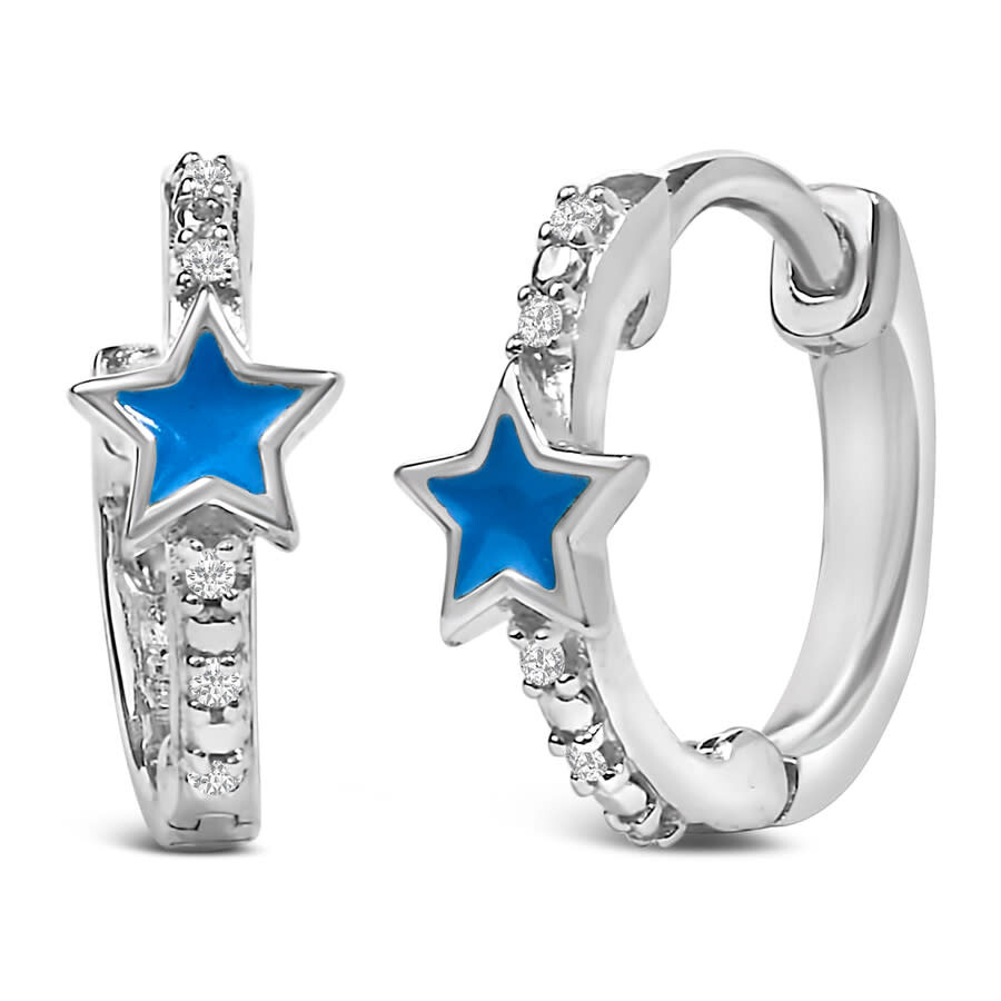 Haus Of Brilliance .925 Sterling Silver Diamond Accent And Blue Enamel Star Hoop Earrings In Metallic